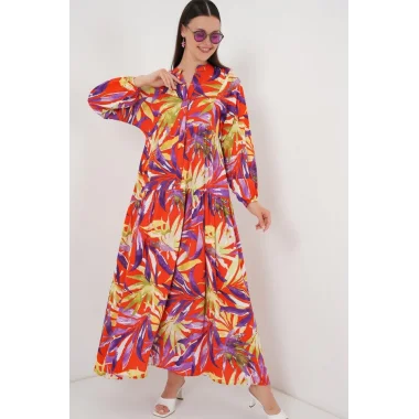 2423 Otantik Desenli Tesettür Elbise - B.Lila