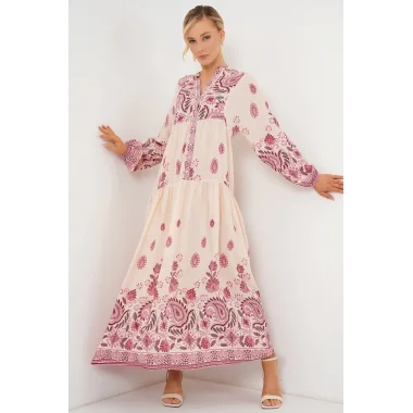 2423 Otantik Desenli Tesettür Elbise - Bordo 1