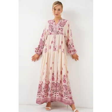 2423 Otantik Desenli Tesettür Elbise - Bordo 1