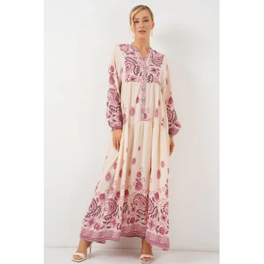 2423 Otantik Desenli Tesettür Elbise - Bordo 1