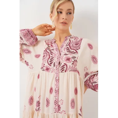 2423 Otantik Desenli Tesettür Elbise - Bordo 1