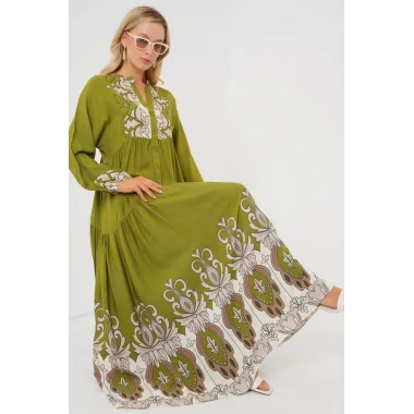 2423 Otantik Desenli Tesettür Elbise - Çağla Yeşili