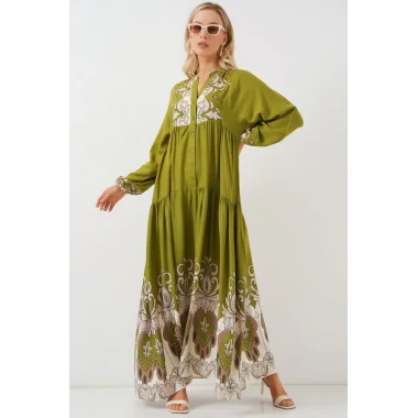 2423 Otantik Desenli Tesettür Elbise - Çağla Yeşili