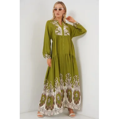 2423 Otantik Desenli Tesettür Elbise - Çağla Yeşili