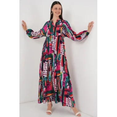 2423 Otantik Desenli Tesettür Elbise - ÇOK RENKLİ 2