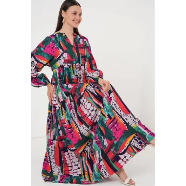 2423 Otantik Desenli Tesettür Elbise - ÇOK RENKLİ 2