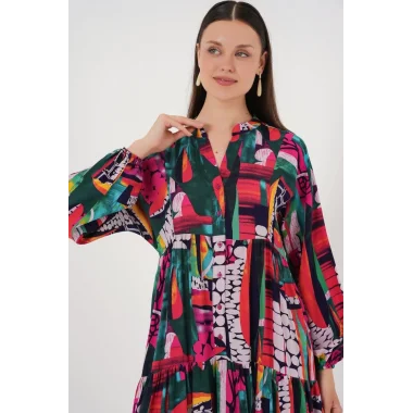 2423 Otantik Desenli Tesettür Elbise - ÇOK RENKLİ 2