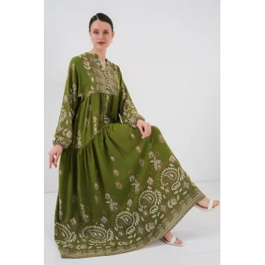 2423 Otantik Desenli Tesettür Elbise - D.Haki