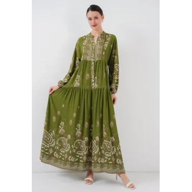 2423 Otantik Desenli Tesettür Elbise - D.Haki