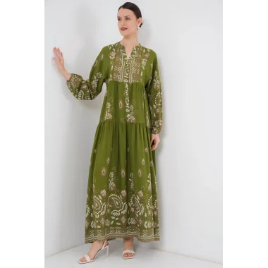 2423 Otantik Desenli Tesettür Elbise - D.Haki