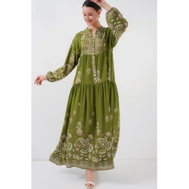 2423 Otantik Desenli Tesettür Elbise - D.Haki