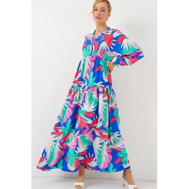 2423 Otantik Desenli Tesettür Elbise - D.Pembe