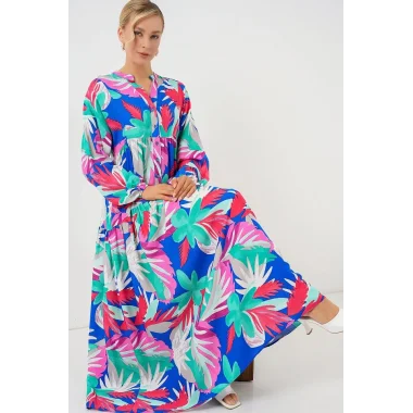 2423 Otantik Desenli Tesettür Elbise - D.Pembe