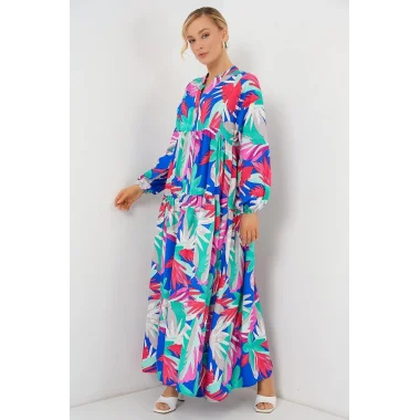 2423 Otantik Desenli Tesettür Elbise - D.Pembe