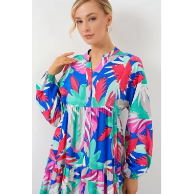 2423 Otantik Desenli Tesettür Elbise - D.Pembe