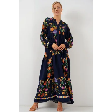 2423 Otantik Desenli Tesettür Elbise - Düz Lacivert