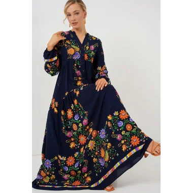 2423 Otantik Desenli Tesettür Elbise - Düz Lacivert