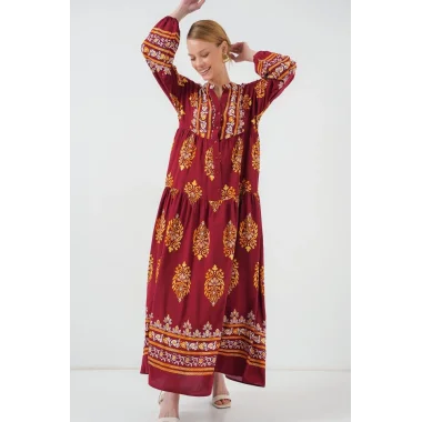 2423 Otantik Desenli Tesettür Elbise - E. Bordo