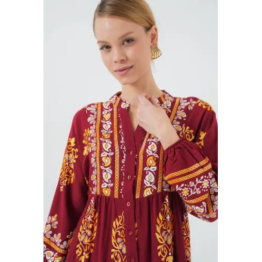 2423 Otantik Desenli Tesettür Elbise - E. Bordo