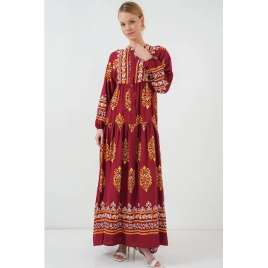 2423 Otantik Desenli Tesettür Elbise - E. Bordo