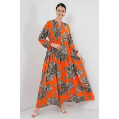 2423 Otantik Desenli Tesettür Elbise - E. Turuncu