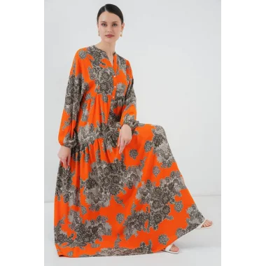 2423 Otantik Desenli Tesettür Elbise - E. Turuncu