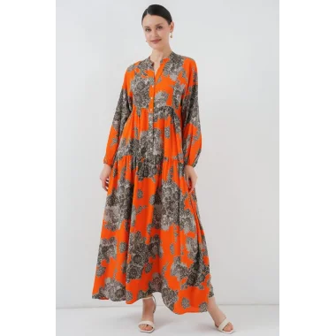 2423 Otantik Desenli Tesettür Elbise - E. Turuncu