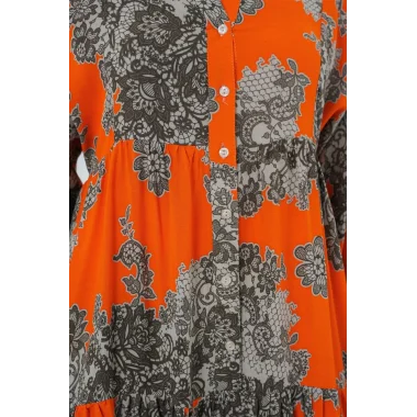 2423 Otantik Desenli Tesettür Elbise - E. Turuncu
