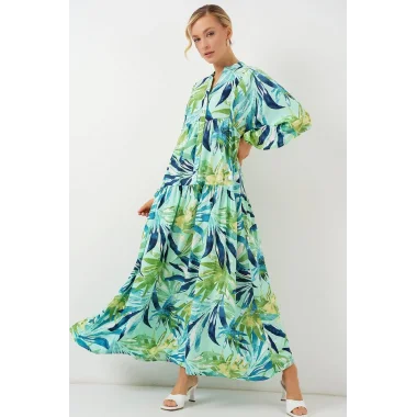 2423 Otantik Desenli Tesettür Elbise - E.Mint