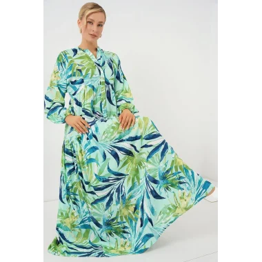 2423 Otantik Desenli Tesettür Elbise - E.Mint