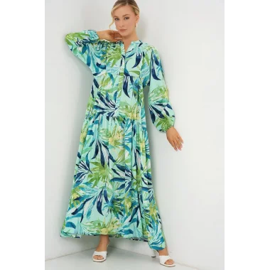 2423 Otantik Desenli Tesettür Elbise - E.Mint