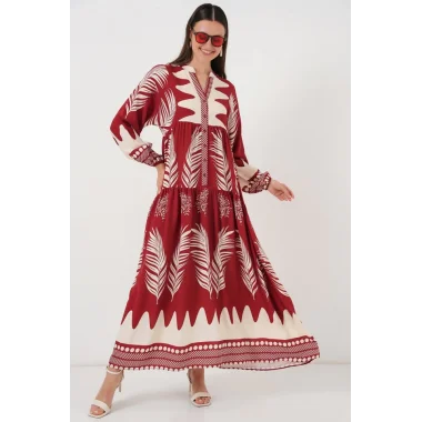 2423 Otantik Desenli Tesettür Elbise - G.Bordo