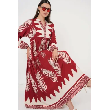 2423 Otantik Desenli Tesettür Elbise - G.Bordo