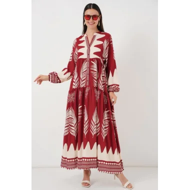 2423 Otantik Desenli Tesettür Elbise - G.Bordo