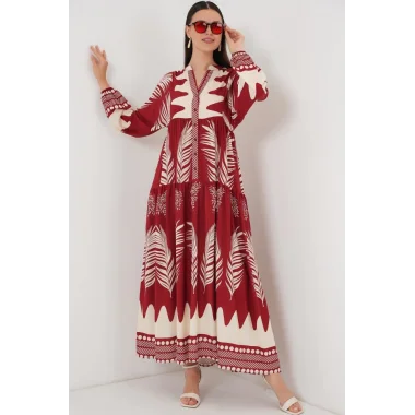 2423 Otantik Desenli Tesettür Elbise - G.Bordo