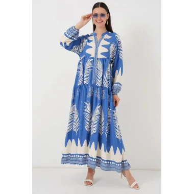 2423 Otantik Desenli Tesettür Elbise - H. İndigo