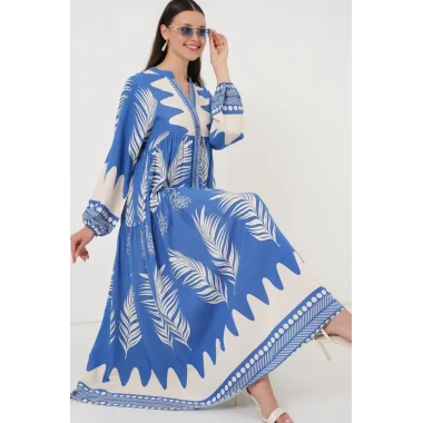 2423 Otantik Desenli Tesettür Elbise - H. İndigo
