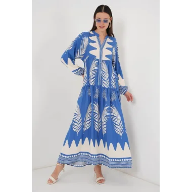 2423 Otantik Desenli Tesettür Elbise - H. İndigo