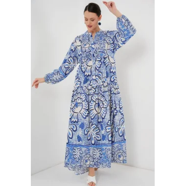 2423 Otantik Desenli Tesettür Elbise - Koyu Mavi