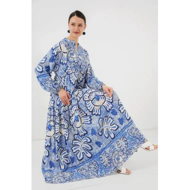 2423 Otantik Desenli Tesettür Elbise - Koyu Mavi