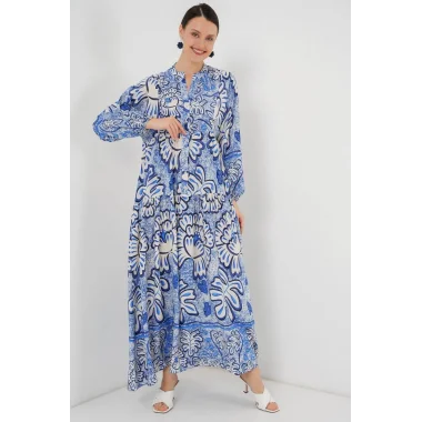 2423 Otantik Desenli Tesettür Elbise - Koyu Mavi