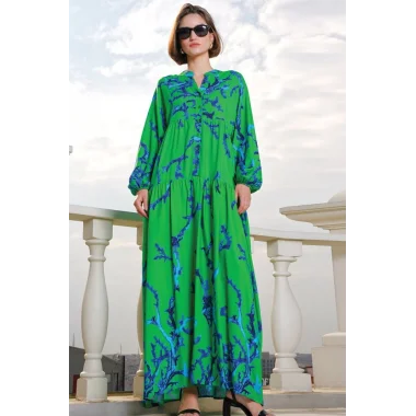 2423 Otantik Desenli Tesettür Elbise - Koyu Yeşil