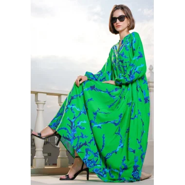 2423 Otantik Desenli Tesettür Elbise - Koyu Yeşil