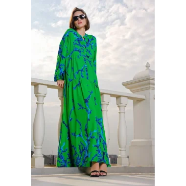 2423 Otantik Desenli Tesettür Elbise - Koyu Yeşil