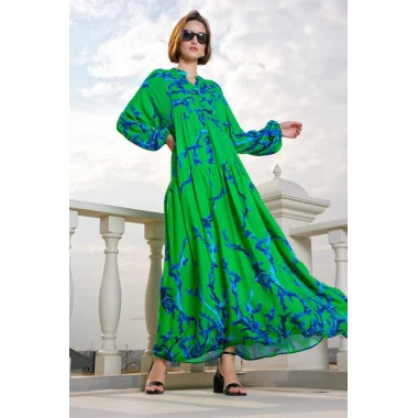 2423 Otantik Desenli Tesettür Elbise - Koyu Yeşil