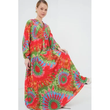 2423 Otantik Desenli Tesettür Elbise - L. Kırmızı