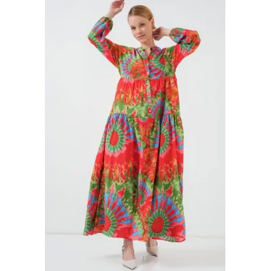 2423 Otantik Desenli Tesettür Elbise - L. Kırmızı