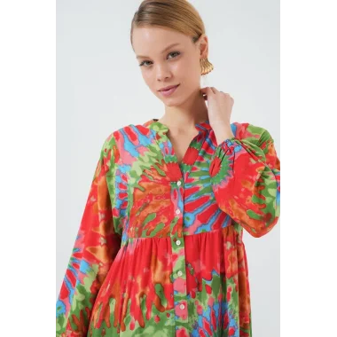 2423 Otantik Desenli Tesettür Elbise - L. Kırmızı