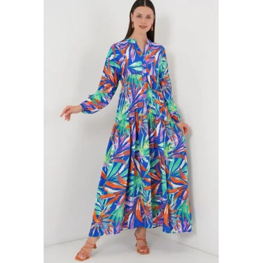 2423 Otantik Desenli Tesettür Elbise - Lacivert 10