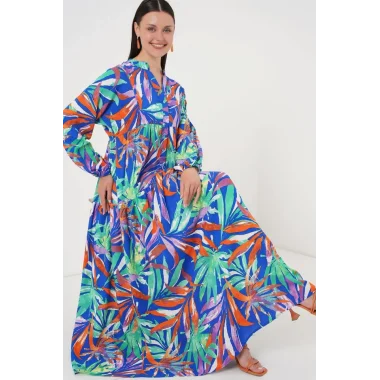 2423 Otantik Desenli Tesettür Elbise - Lacivert 10